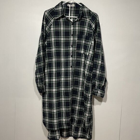 Grace Karin Navy Plaid Night Gown Womens Small Button Front Long Sleeve Pockets - Picture 1 of 12